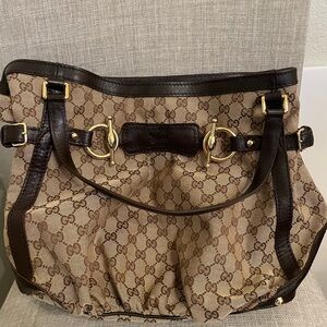 Gucci Beige GG Canvas Tote with Dark Brown Leather Trim and Gold Hardware
